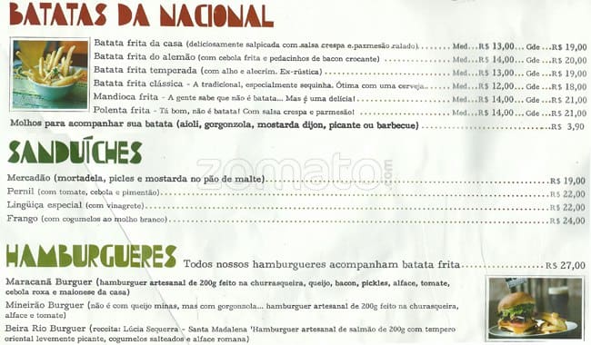 Cervejaria Nacional cardápio