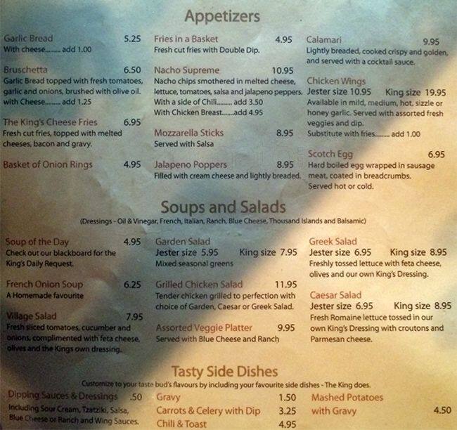 King Arms Menu, Menu for King Arms, Scarborough