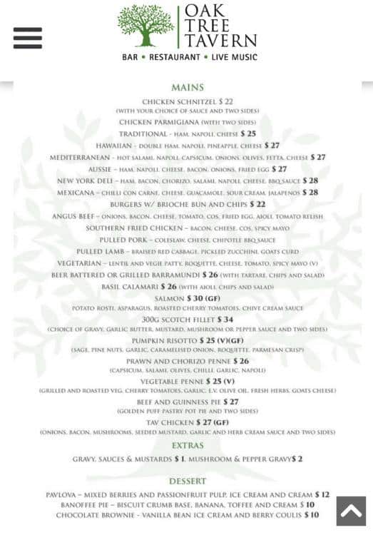 Menu at The Oak Tree Tavern restaurant, The Basin