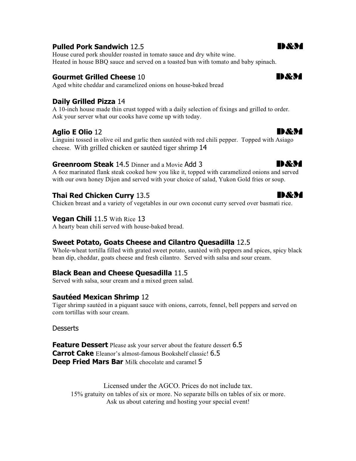 Menu at The Bookshelf cafe, Guelph