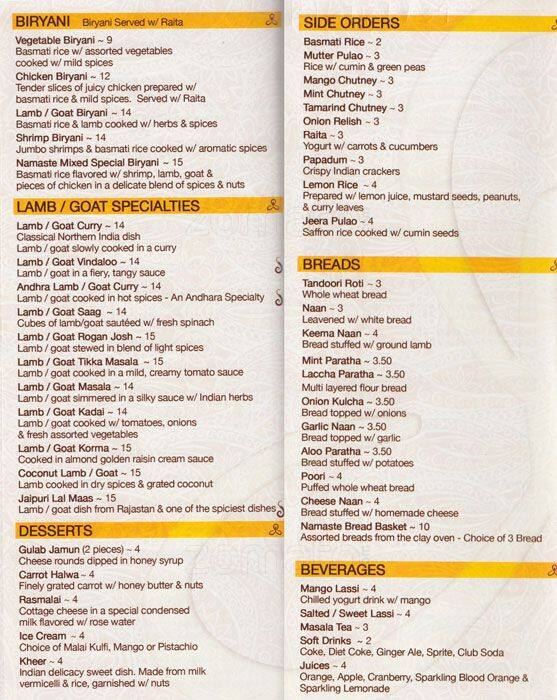 Menu at Namaste of Astoria restaurant, New York City, 3115 30th Ave
