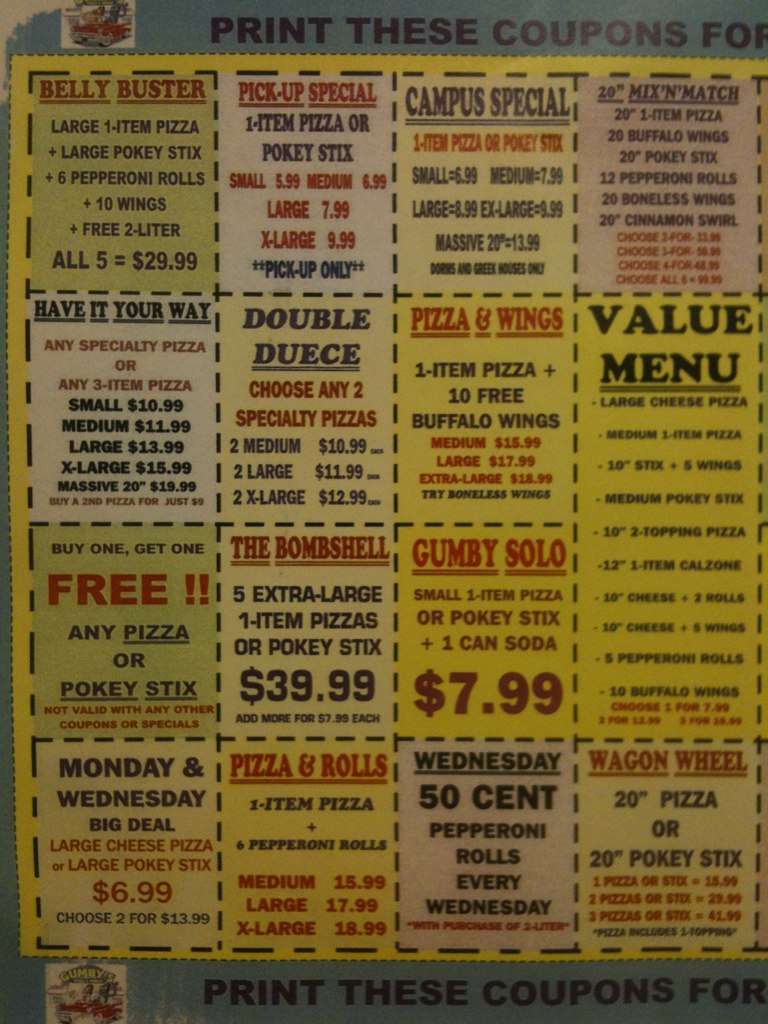 Gumby S Pizza Menu