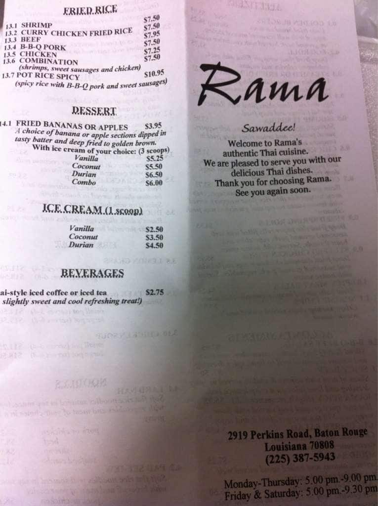 Menu at Rama restaurant, Baton Rouge