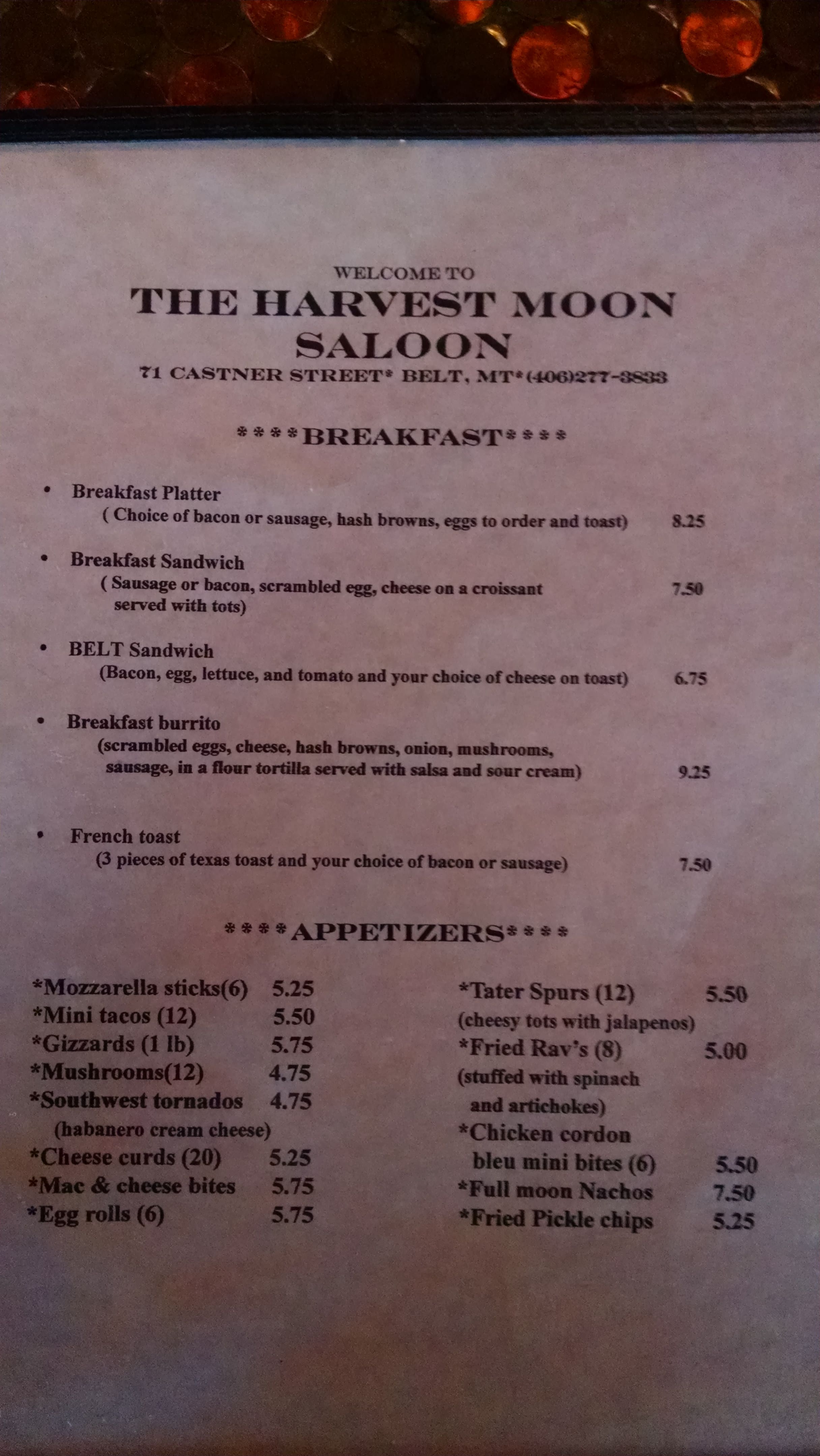 Harvest Moon Saloon menu