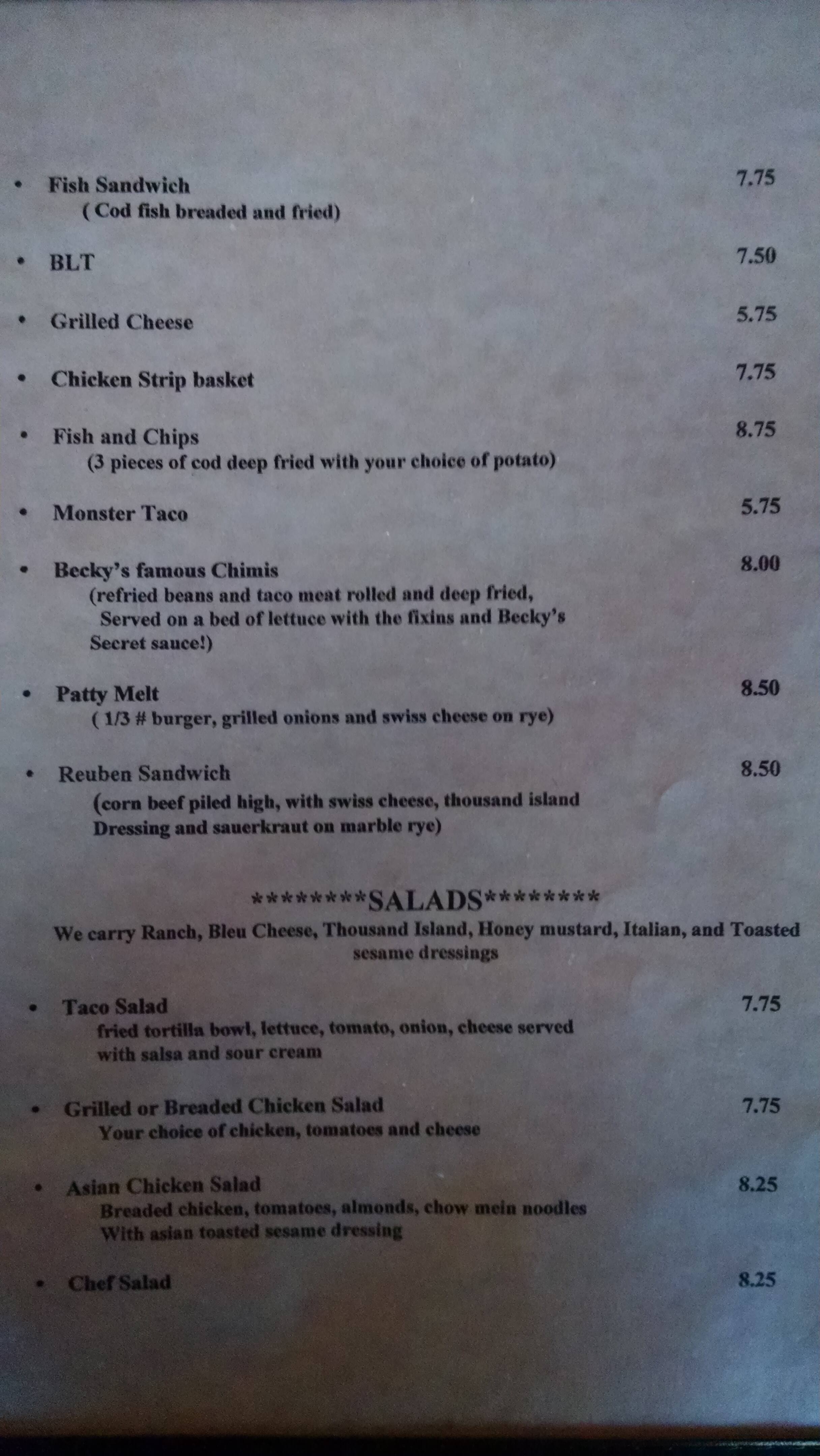 Harvest Moon Saloon menu