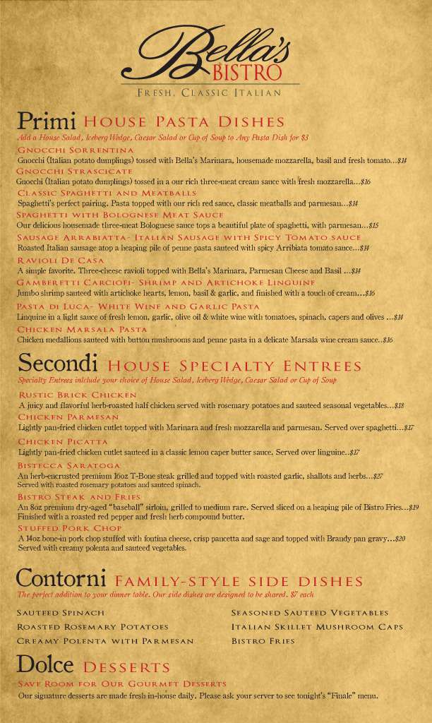 Menu at Bella's Bistro desserts, Saratoga
