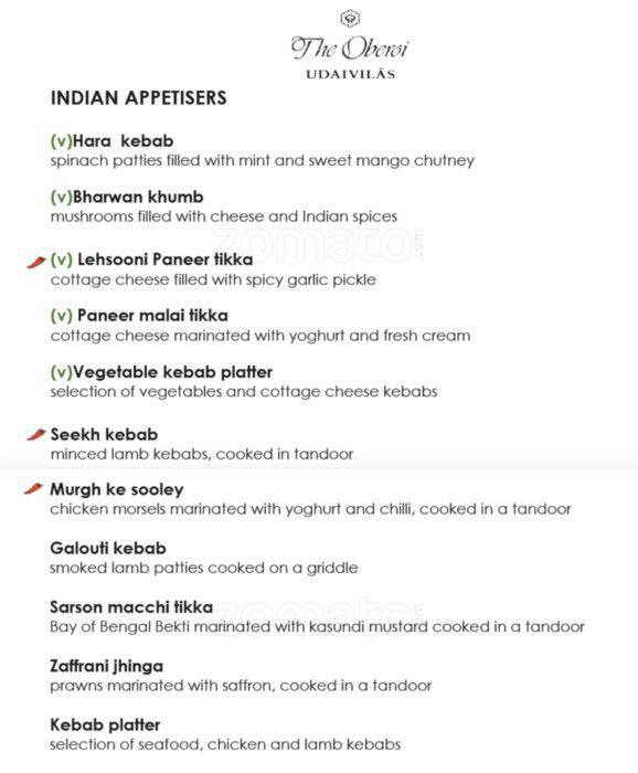 Chandni Oberoi Udaivilas a Udaipur Foto del Menu con Prezzi Zomato