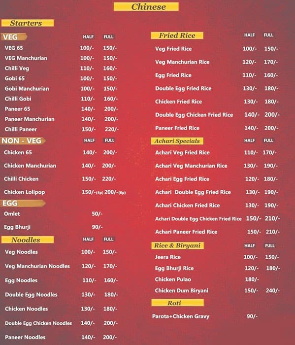 Menu of SFC Swapna Food Court, Jubilee Hills, Hyderabad