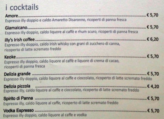 Menu di Espressamente Illy 