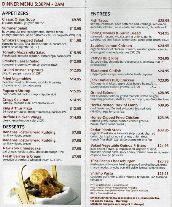 Carta de Smoke Jazz & Supper Club, West New York