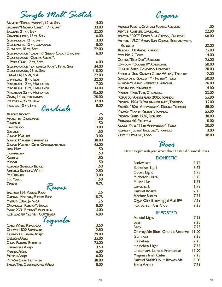 The Tapestry Bar Menu, Menu v reštaurácii The Tapestry Bar, Boynton