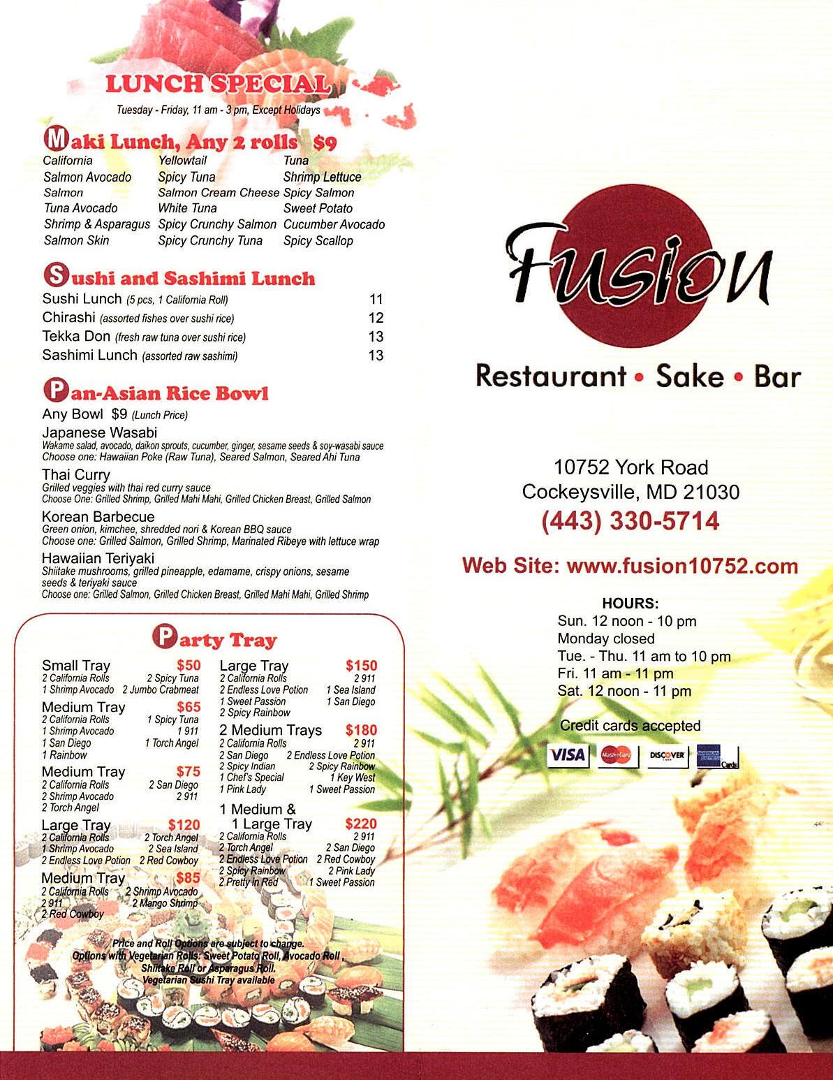 Menu At Fusion Restaurant Cockeysville