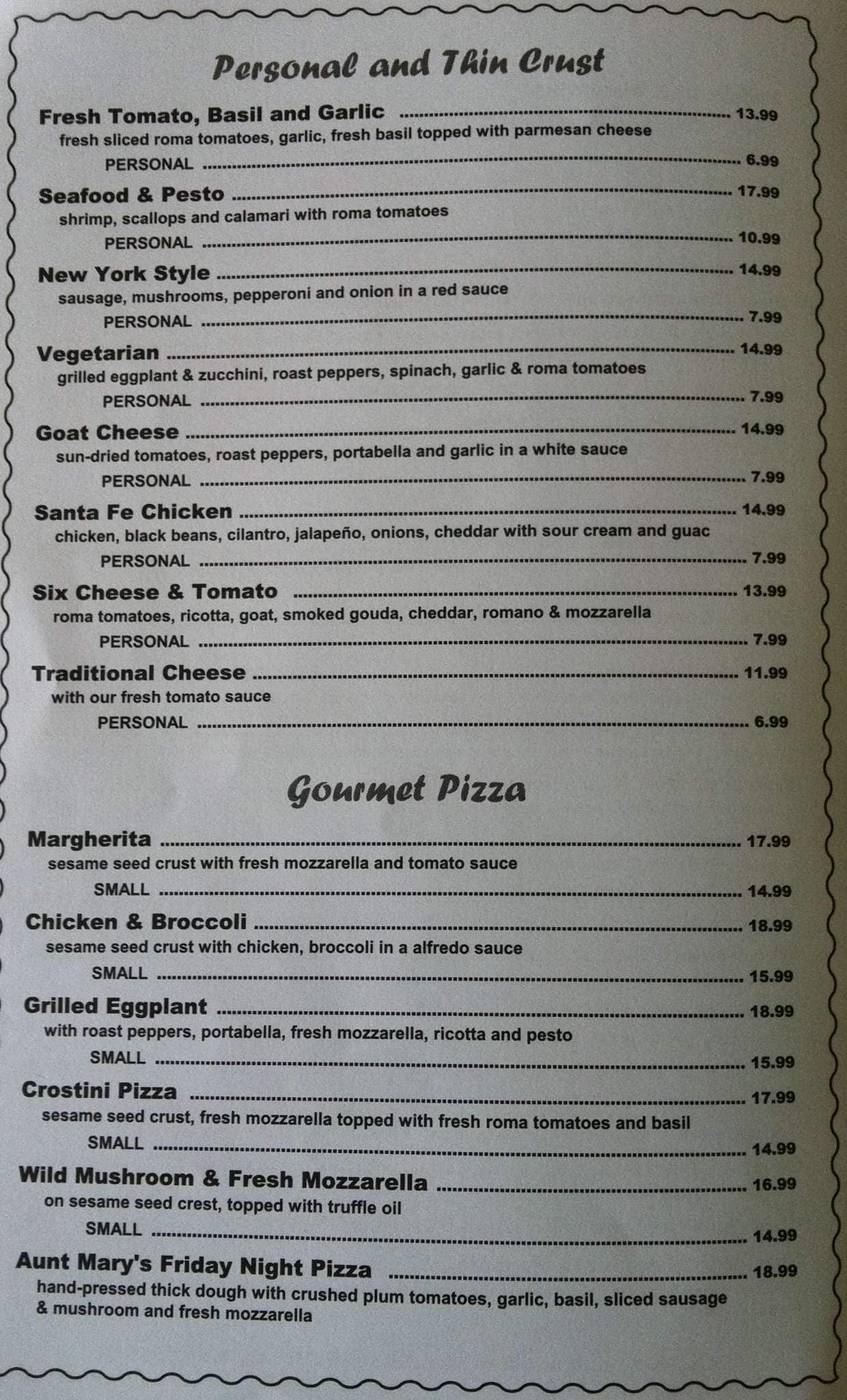 Menu at Brio's pizzeria, Phoenicia