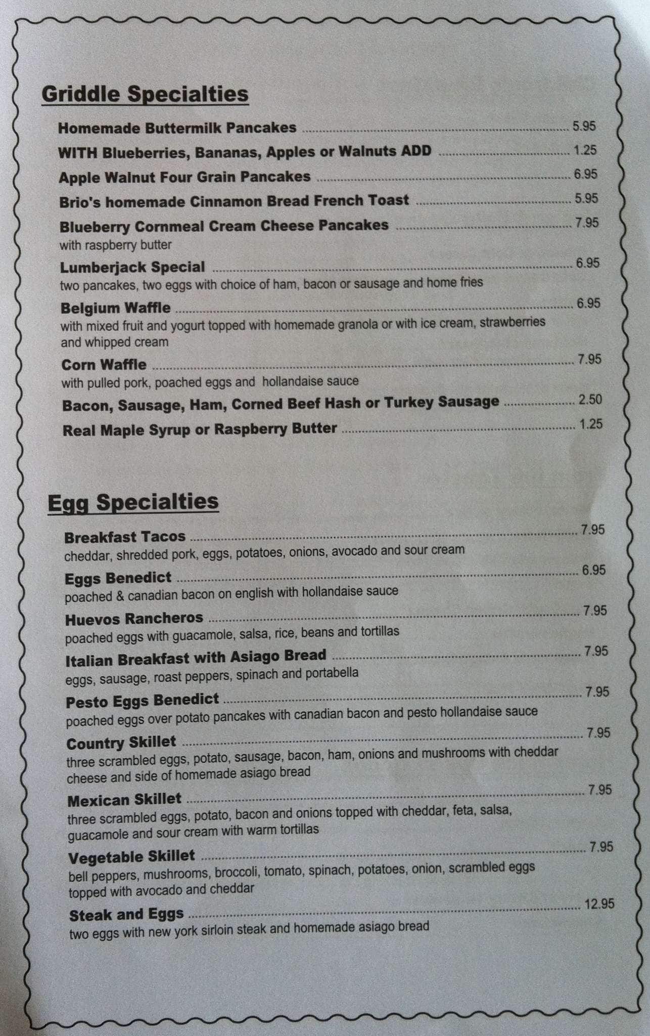 Menu at Brio's pizzeria, Phoenicia