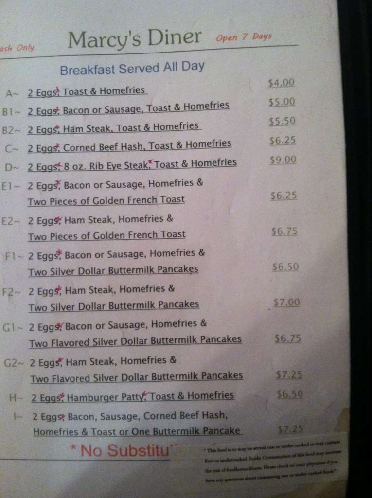 Menu at Marcy's Diner cafe, Portland