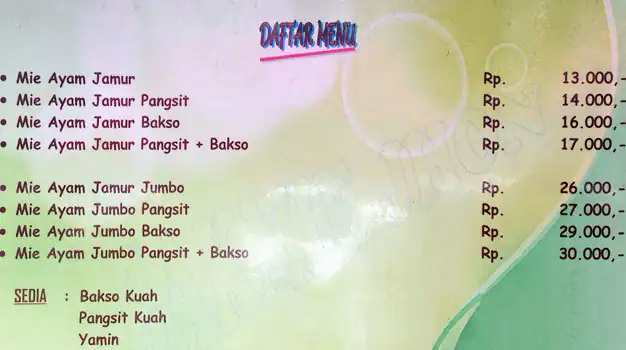 Bakmi Jhon, Melawai Menu