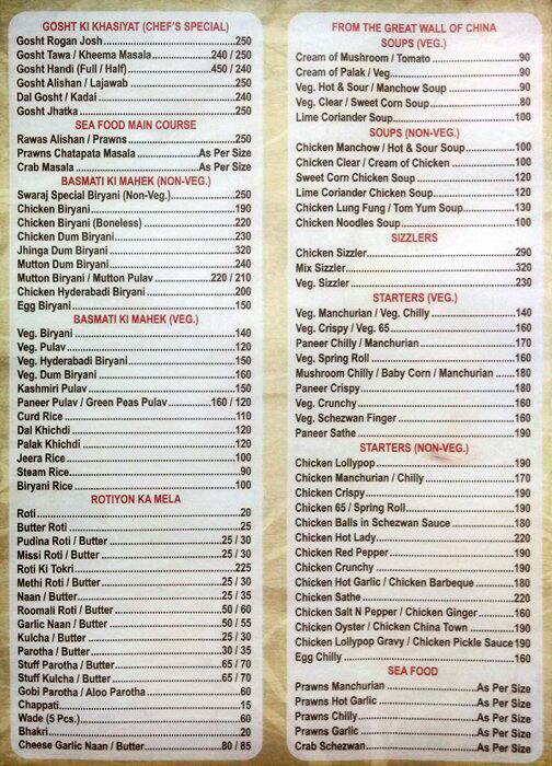 Swaraj Family Restaurant Menu, Menu for Swaraj Family Restaurant, New