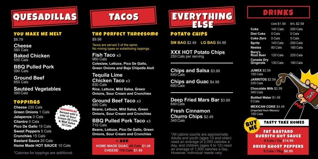 Menu at Fat Bastard Burrito fast food, Barrie