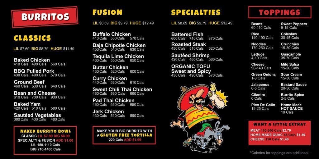 Menu at Fat Bastard Burrito fast food, Barrie