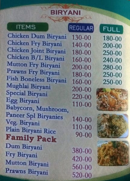 Nawabs Biryani menu