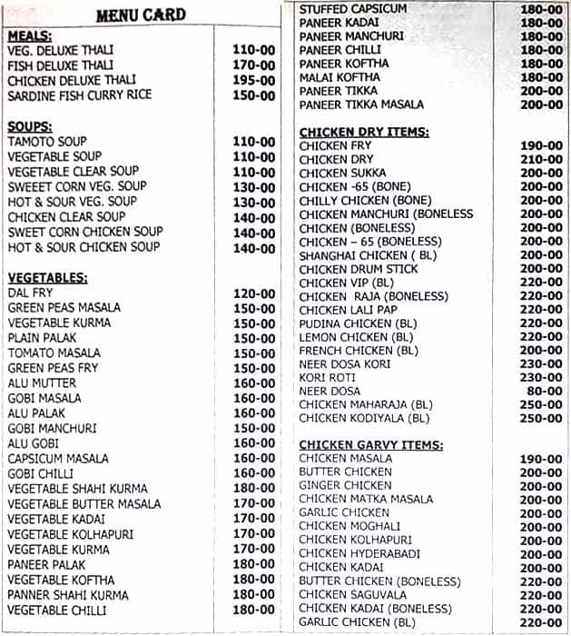 Karavali Deluxe Restaurant menu