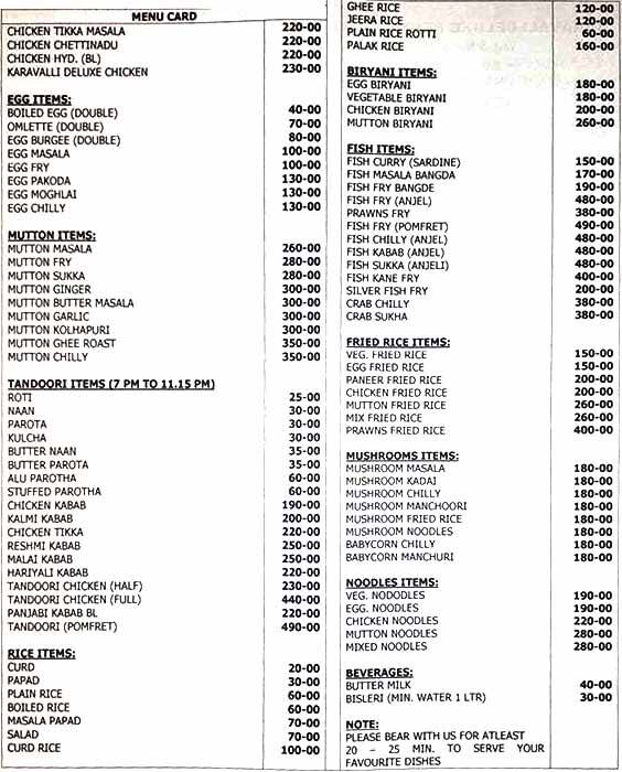 Karavali Deluxe Restaurant menu