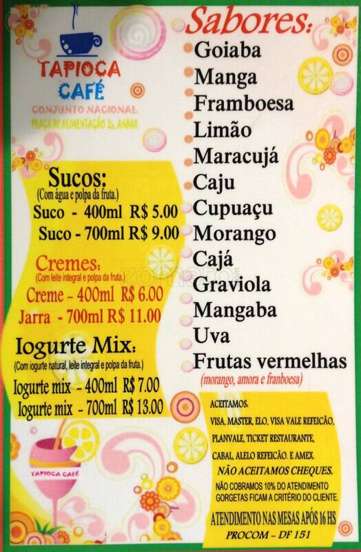 Tapioca Café cardápio