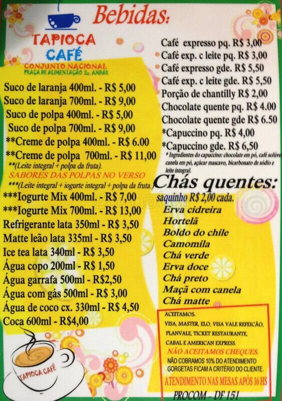Tapioca Café cardápio
