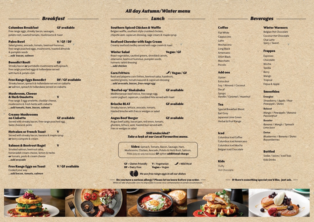Columbus Coffee Menu, Menu for Columbus Coffee, Porirua Central