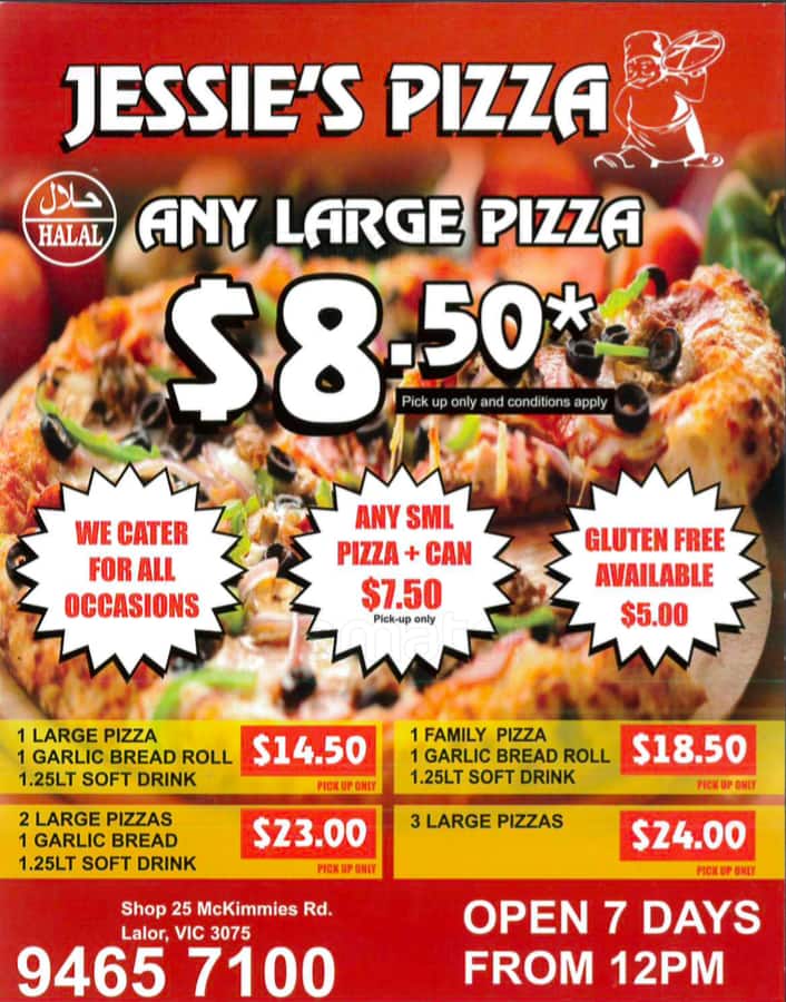 Jessie's Pizza Menu, Menu for Jessie's Pizza, Lalor, Melbourne