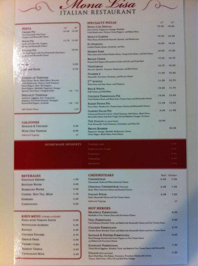 Mona Lisa Italian Restaurant Menu - Urbanspoon/Zomato