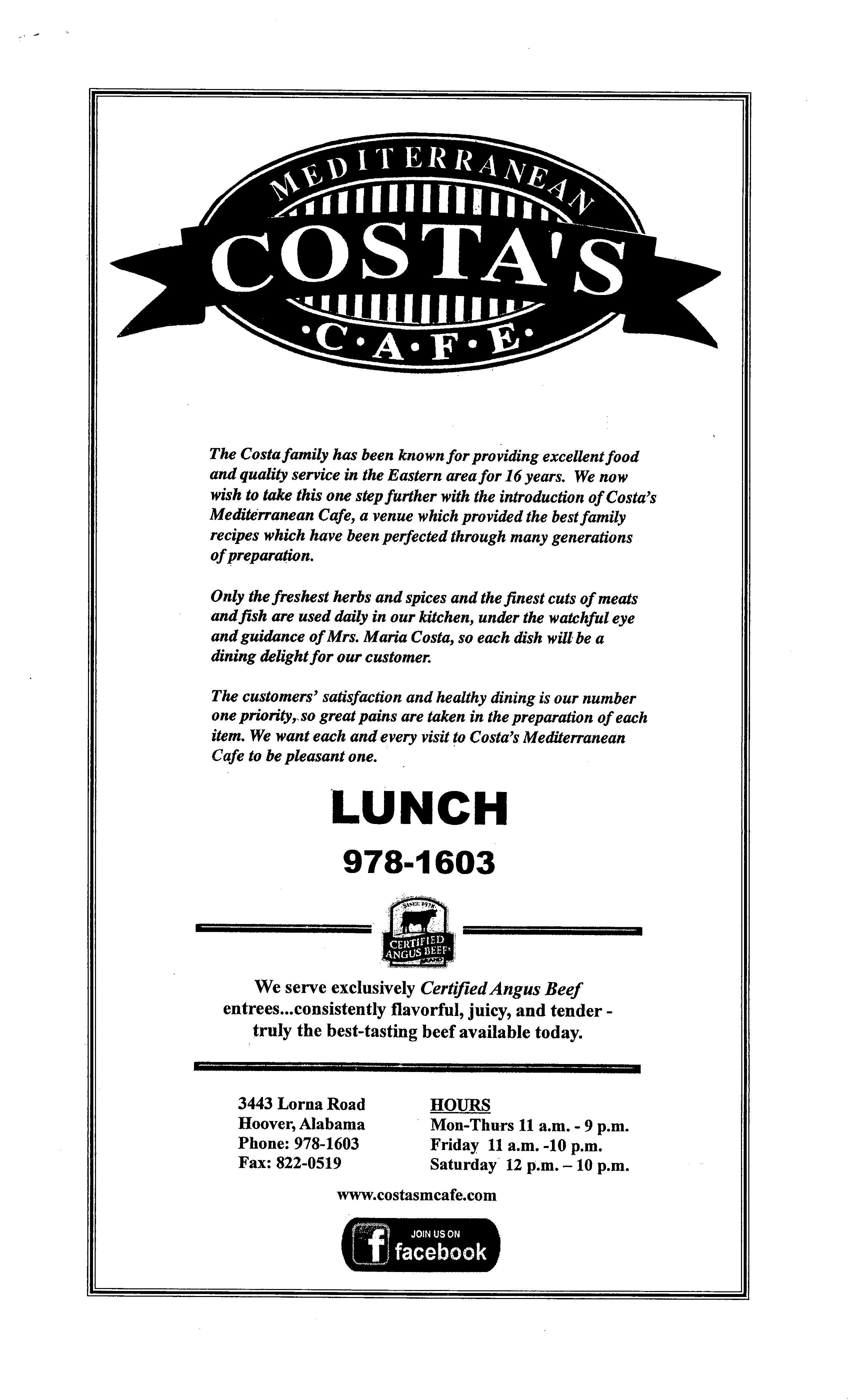 Menu at Costa's Mediterranean Cafe, Hoover, Lorna Rd