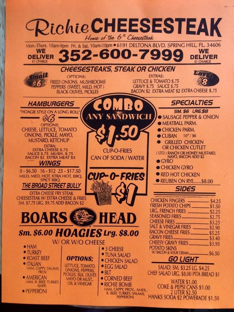 Richie Cheesesteak Menu, Menu for Richie Cheesesteak, Spring Hill