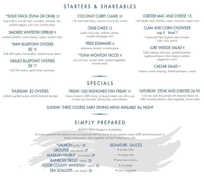 LURE Restaurant Menu, Menu for LURE Restaurant, Sister Bay, Sister Bay