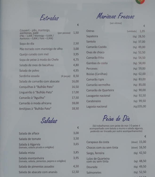 Menu em O do Peixe restaurante, Quarteira