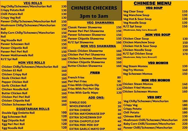 Chinese chequers shop menu