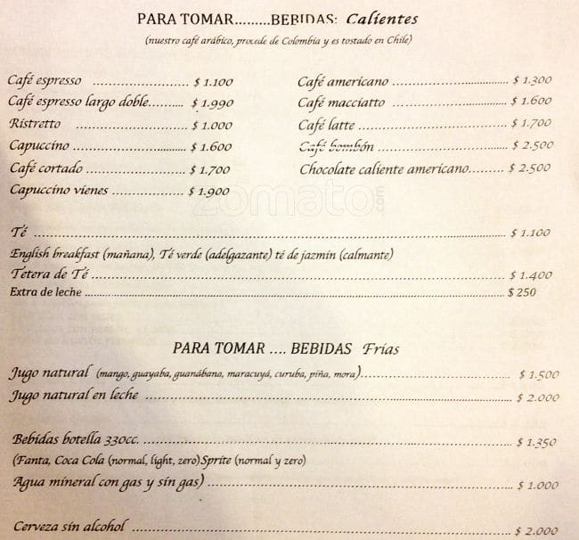 Quimbaya Café Menu,Menú para Quimbaya Café, Providencia