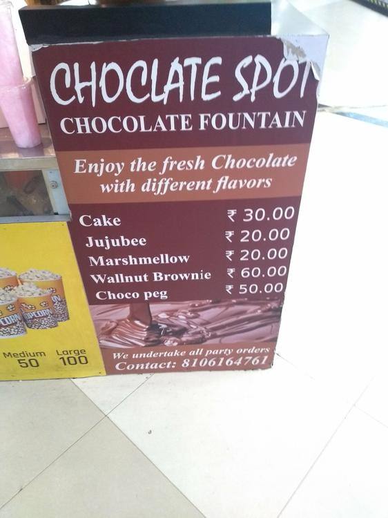 Menu at Chocolate Fountain, Hyderabad