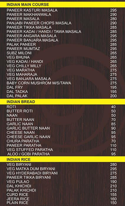 ROSE WOOD RESTAURANT menu