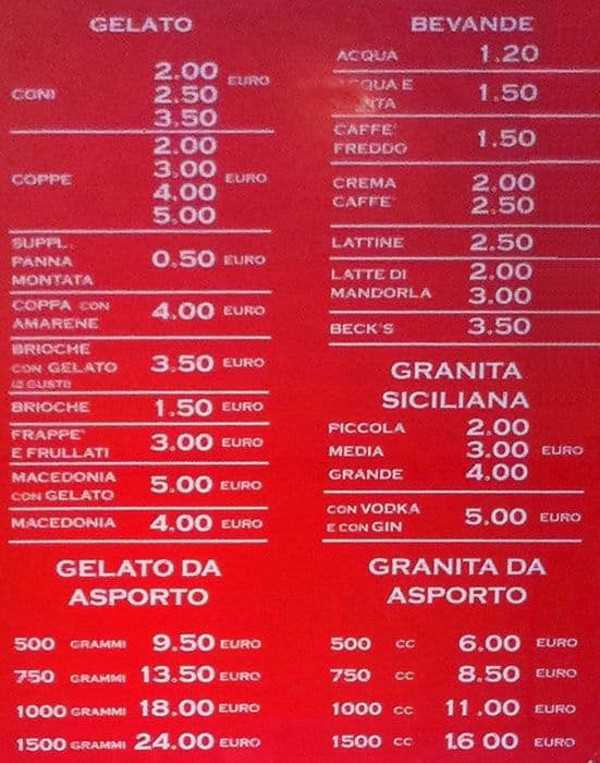 Antica Gelateria Sartori menu