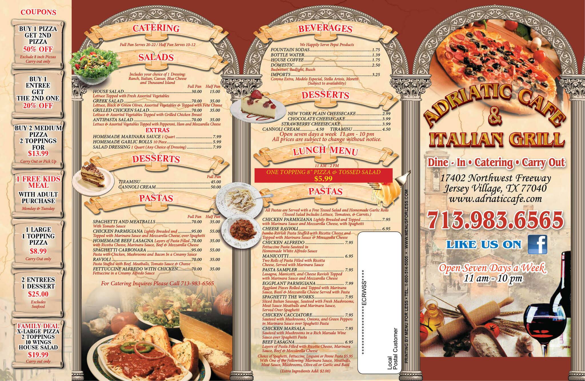 Menu at Adriatic Cafe Italian Grill, Jersey Village, Northwest Fwy