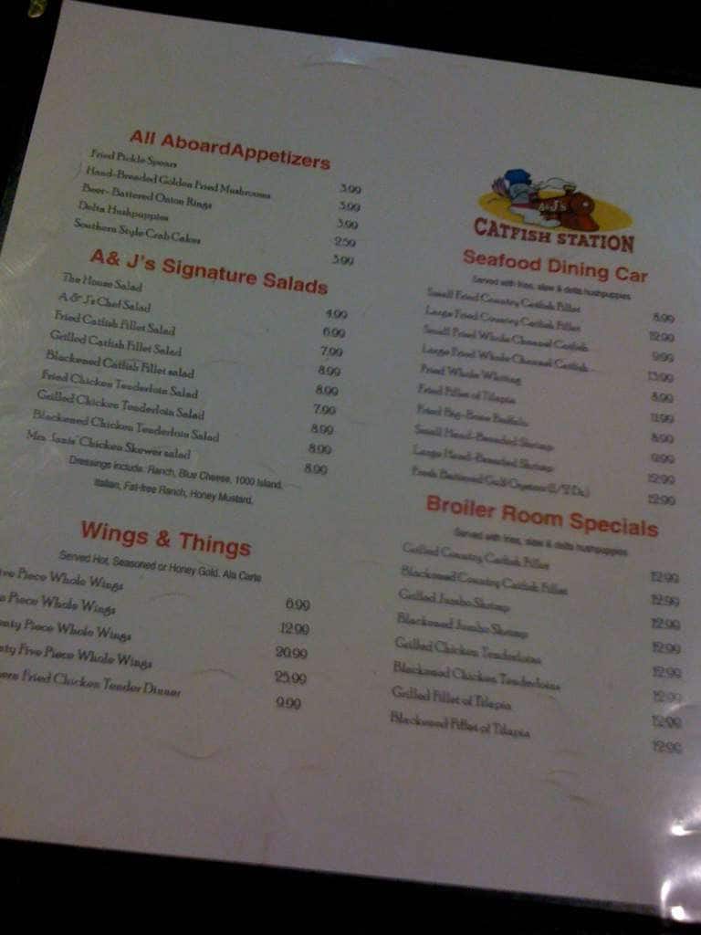 Menu at A and J's Catfish Station restaurant, Memphis
