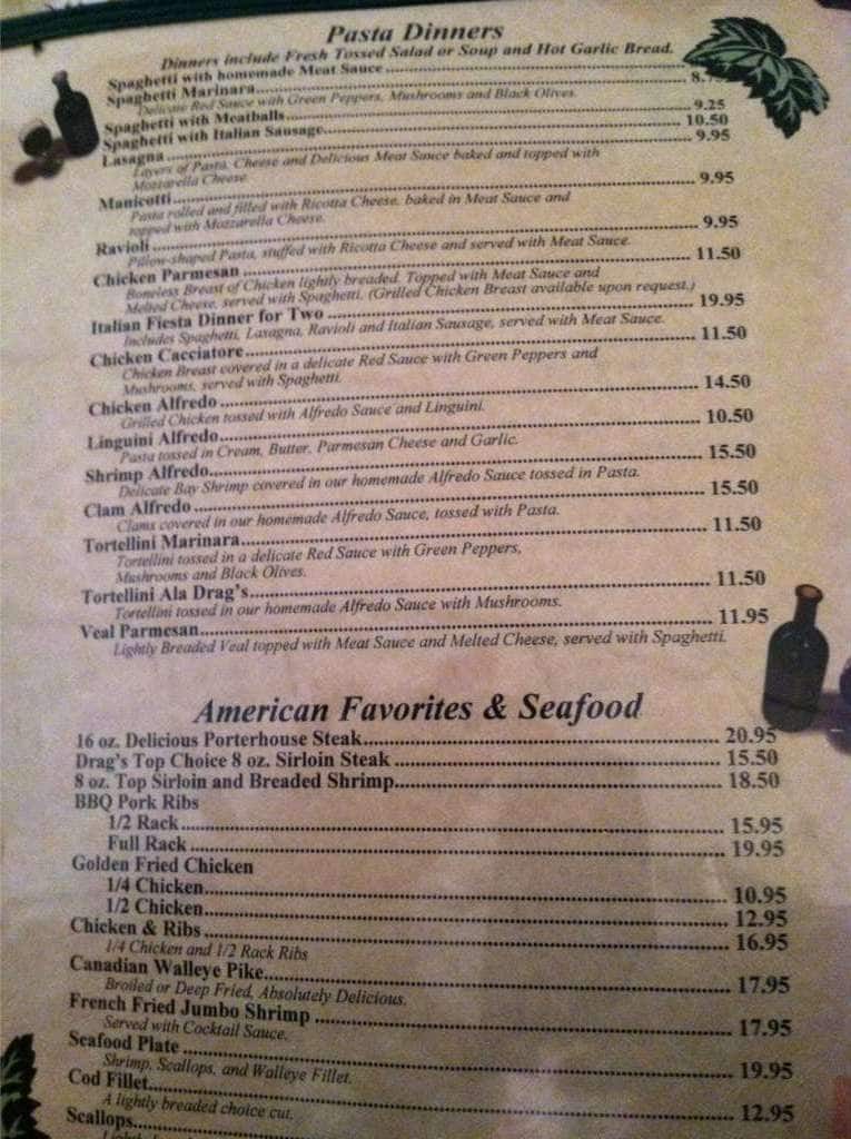 Drag's Restaurant & Roman Lounge menu
