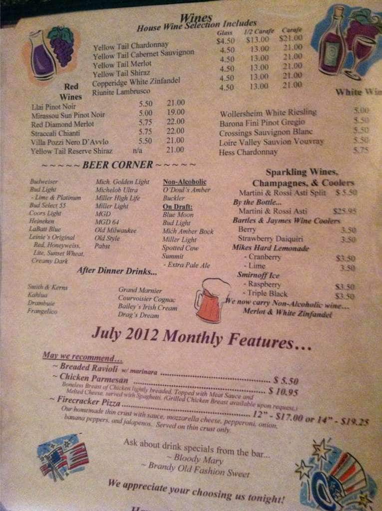 Drag's Restaurant & Roman Lounge menu