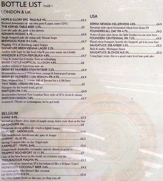 The Hops And Glory Menu, Menu for The Hops And Glory, Islington, London