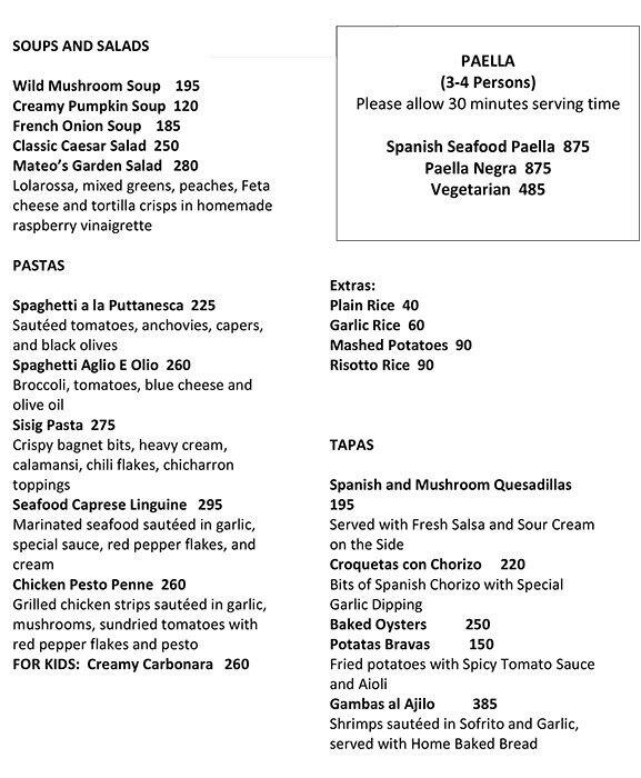 Mateo's Restaurant Café Menu Zomato Philippines