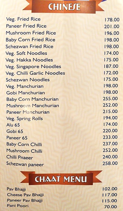 Taj Mahal Hotel menu