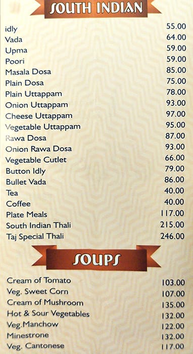 Taj Mahal Hotel menu