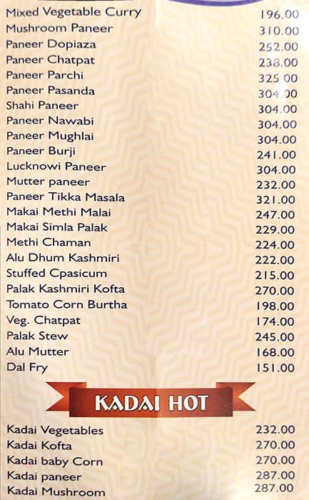 Taj Mahal Hotel menu