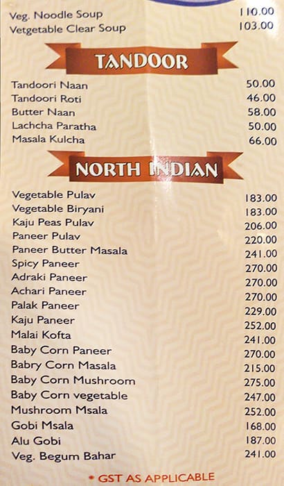 Taj Mahal Hotel menu